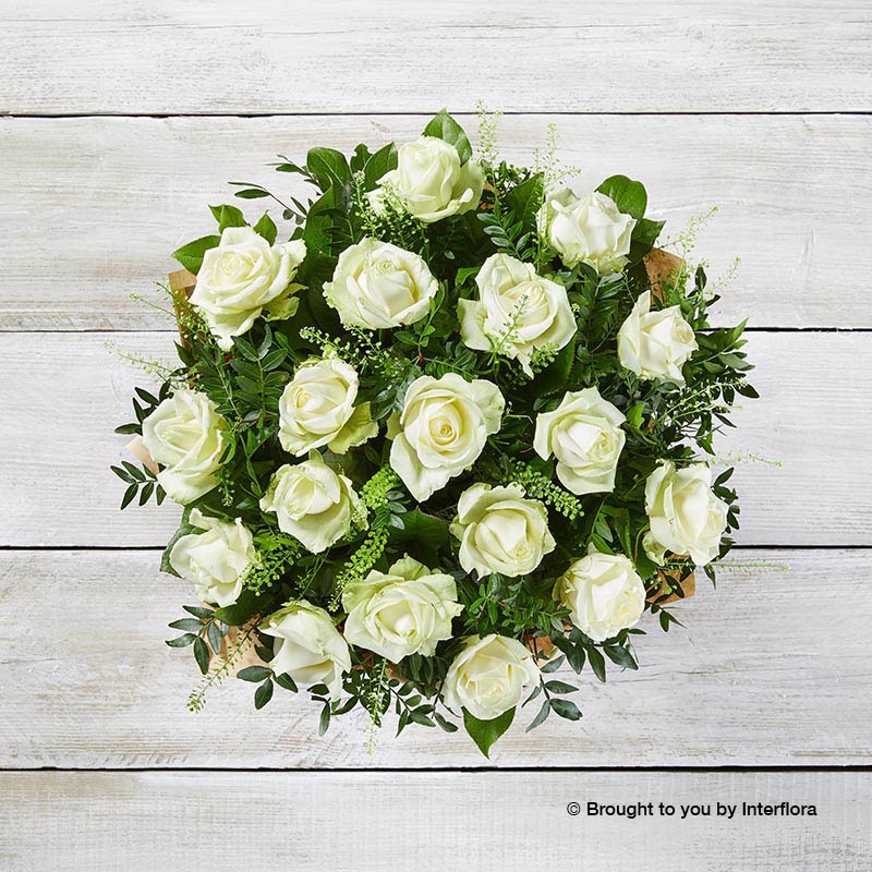 Twelve Ivory Roses & greenery in a hand tied bouquet