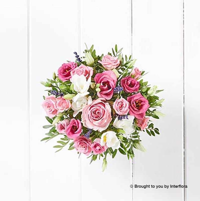 White Freesia Pink Rose Pink Lisianthus Pink Spray Rose Dried Lavender in Lilac Spot ceramic watering Can