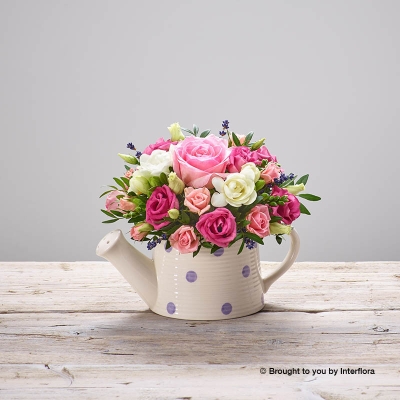 White Freesia Pink Rose Pink Lisianthus Pink Spray Rose Dried Lavender in Lilac Spot ceramic watering Can