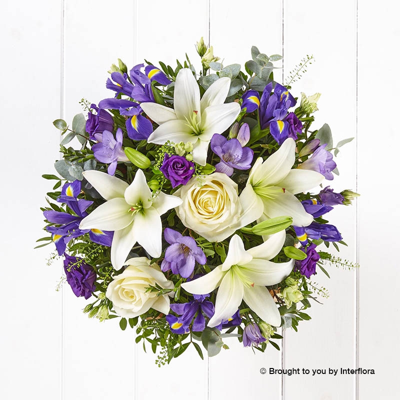 Purple Freesia Blue Iris White Lily Purple Lisianthus Ivory Rose & greenry in a Hand Tied bouquet