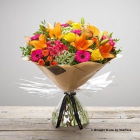 Cerise Alstromeria hit Ammi Visnaga Cerise Germini Orange Lily Yellow Rose & Greenery in Hand Tied Bouquet