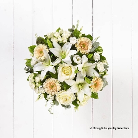 White Lisianthus White Spray Rose White Lily Ivory Rose Cream Germini & greenery in a hand tied bouquet