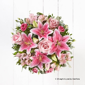 Pink Alstromeria Pink Lily Pink Lisianthus Pink Rose & greenery in a hand tied bouquet