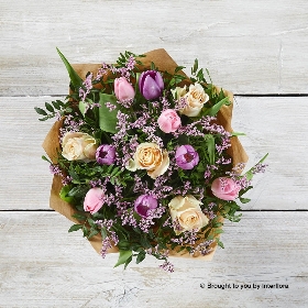 Cream Rose Purple & Pink Tulip PInk Limonium arranged in round gift box