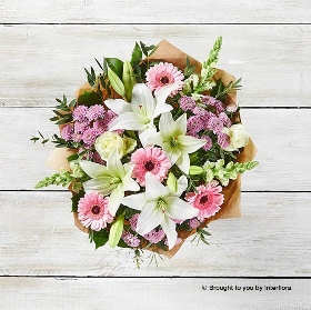 Pink Germini White Lily White Antirrhinum Pink Chrysanthemum Ivory Rose & greenery in hand tied bouquet