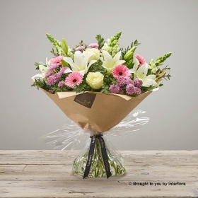 Pink Germini White Lily White Antirrhinum Pink Chrysanthemum Ivory Rose & greenery in hand tied bouquet