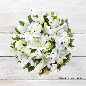 Ivory Rose White Lily White Lisianthus & greenery in a hand tied bouquet